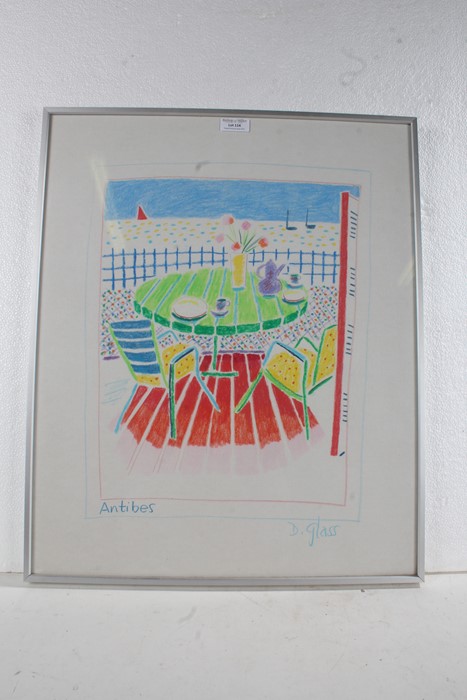 D. Glass, "Antibes" crayon study of a stylised terrace, signed and titled to the bottom, housed in a