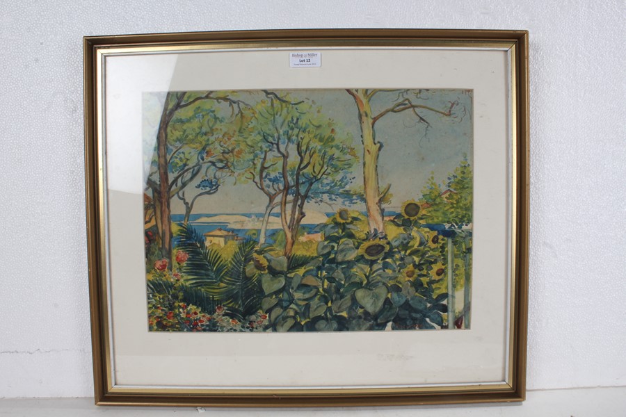 Tornine? "Garden in Marseilles", indistinctly signed watercolour, housed in a gilt and glazed frame,