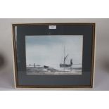 Alan Whitehead, watercolour depicting four boats at low tide, 29.5cm x 21cm, housed in a glazed