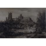 Charles O. Murray, large etching depicting a cathedral with boats to the foreground, pencil