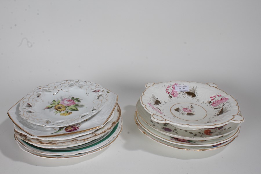 Collection of 19th Century and later plates, mostly decorated with flowers, one with an impressed
