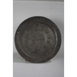 Large Eastern white metal tray, centred with rows of figures, 62.5cm diameter