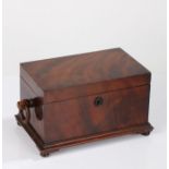 William IV mahogany tea caddy, the hinged lid enclosing a two compartment interior, loop carrying