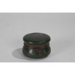 Victorian travelling inkwell, having green body, the hinged lid reading 'Ink', the base stamped '