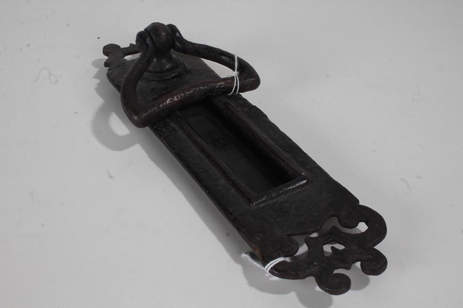 Late 19th/early 20th century metal letter box, with shaped knocker, 30cm high