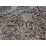Indian tiger hunt painting, on cloth with figures hunting tigers, 89cm x 114cm