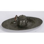 Arts and Crafts pewter bachelors tea pot, with straw work handle and stylised decoration, and an