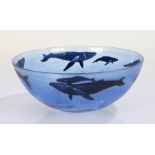 Malcolm Sutcliffe, studio glass bowl with cameo's of whales, signed to base, 25cm diameter