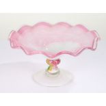 Murano glass pedestal fruit or serving dish, the bowl with puce and white swirled striated