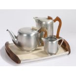 Picquot ware tea set and tray, to include a tray, coffee pot, tea pot and milk jug, signed to the