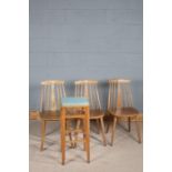Three 1960's/70's stick back kitchen chairs, together with a beech high stool with blue