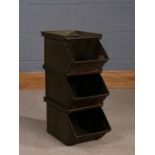 Set of three stackable industrial metal open trays, painted in green (3)