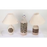 Three various Kersey pottery table lamps, each with various designs, two with shades, the tallest