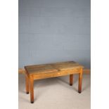 20th century stripped oak double school desk, with two hinged lids, 112cm wide x 59.5cm high