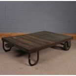 Industrial bookbinders trolley, with a wooden planked top and metal frame with two wheels, 108cm