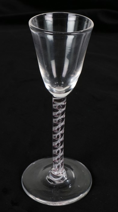 18th century style wine glass, with purple and white air twist stem, 18.5cm high