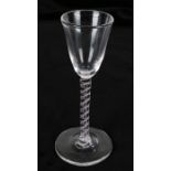 18th century style wine glass, with purple and white air twist stem, 18.5cm high