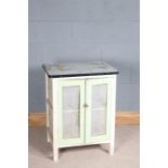 Mid 20th century food hutch, having white enamelled top with mesh doors and sides, painted in