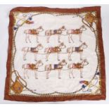 Ladies 100% pure silk hand rolled scarf, in the style of Versace, printed with horses within a brown