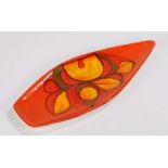 Poole pottery Delphis spear dish, with floral design on bright orange ground, 44cm wide