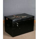 Early 20th century black painted chest, the metal bound hinged lid attached with old wax seals and