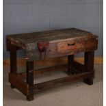 Mid 20th century pine work bench, with plank top and attached with vice, 121cm wide x 79cm high x