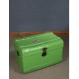 Brightly green painted tin trunk, with carrying handles, 75cm wide