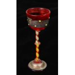 Venini style liqueur glass, the orange bowl with raised green decoration on a bark effect ground,