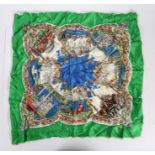 Vakko, ladies silk scarf, printed with scenes of Turkey to include Ortakoy Camii, within a green