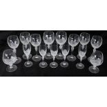 Collection of part frosted table glassware, comprising eight wine glasses, two brandy balloons and