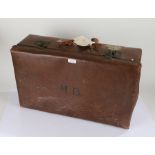 Mid 20th Century leather trunk, the hinged lid marked M. B., with a The Liver vulcanised fibre label