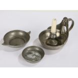 Arts and Crafts style pewter quench, with spot hammered body and dot decoration, together with a