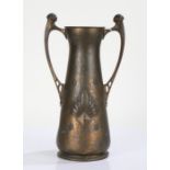 Aug. Dannhauer Chaudronnier, Geneve, Art Nouveau brass vase, having curved carrying handle either