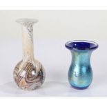 Gozo glass vase with blue iridescent exterior, 8.5cm high, Gozo glass spill vase with swirled