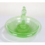 Art Deco green glass table centre bowl, the circular bowl having a lift out figurine in the form