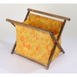 1970's oak and bright fabric folding sewing basket, 36.5cm wide