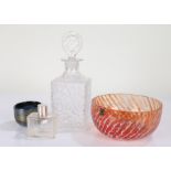 Whitefriars style glass decanter and stopper, of square form with rounded stopper, 28cm high,