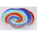 Large Murano glass dish, with swirled red, green, purple, blue and turquoise decoration, 46cm