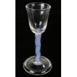 18th century style wine glass, having blue and white air twist stem,16.5cm high