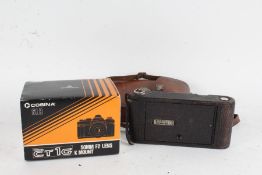 Kodak No. 1 Junior folding camera with a leather case, and a boxed Cosina SLR CT1G camera, with a