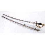 Reproduction cavalry troopers sword, curved steel blade with brass hilt, held in steel scabbard