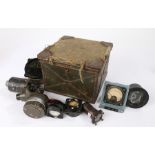 Second World War Morse Key Tin together with a quantity of military gauges and meters, (qty)