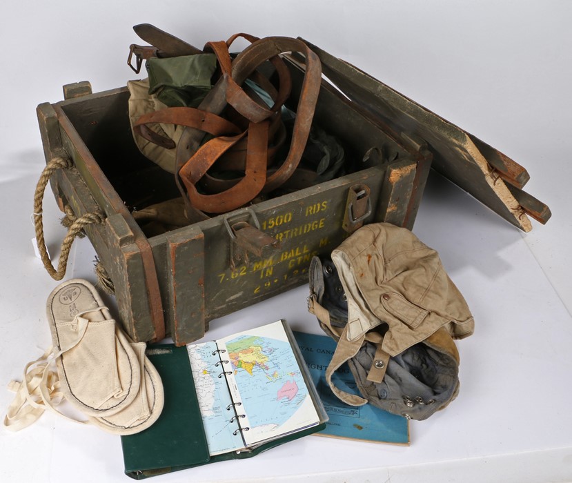 Mixed lot, wooden 7.62mm ammunition crate containing mixture of military items including flying