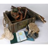 Mixed lot, wooden 7.62mm ammunition crate containing mixture of military items including flying