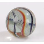 Large 19th Century Latticinio core swirl glass marble, with two multi-coloured bands in white,