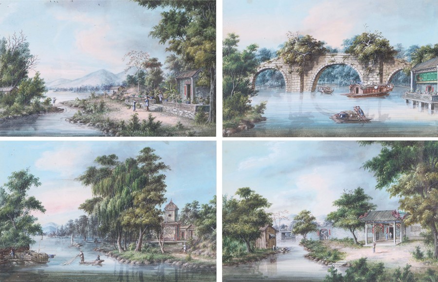 Mid to late 19th Century Chinese school, Qing Dynasty, set of four river scenes, the first depicting