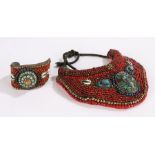 Tibetan collar necklace, set with red beads, turquoise coloured beads and shells, 20cm wide,