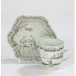 Chinese export ware grisaille cup and saucer, Qing Dynasty, 18th Century, with European subject
