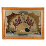 19th Century woolwork sailor's picture, with a globe to centre surmounted by Britannia, flanked by