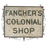 19th Century American trade sign, FANCHER’S COLONIAL SHOP, with a wriggle work metal edge and